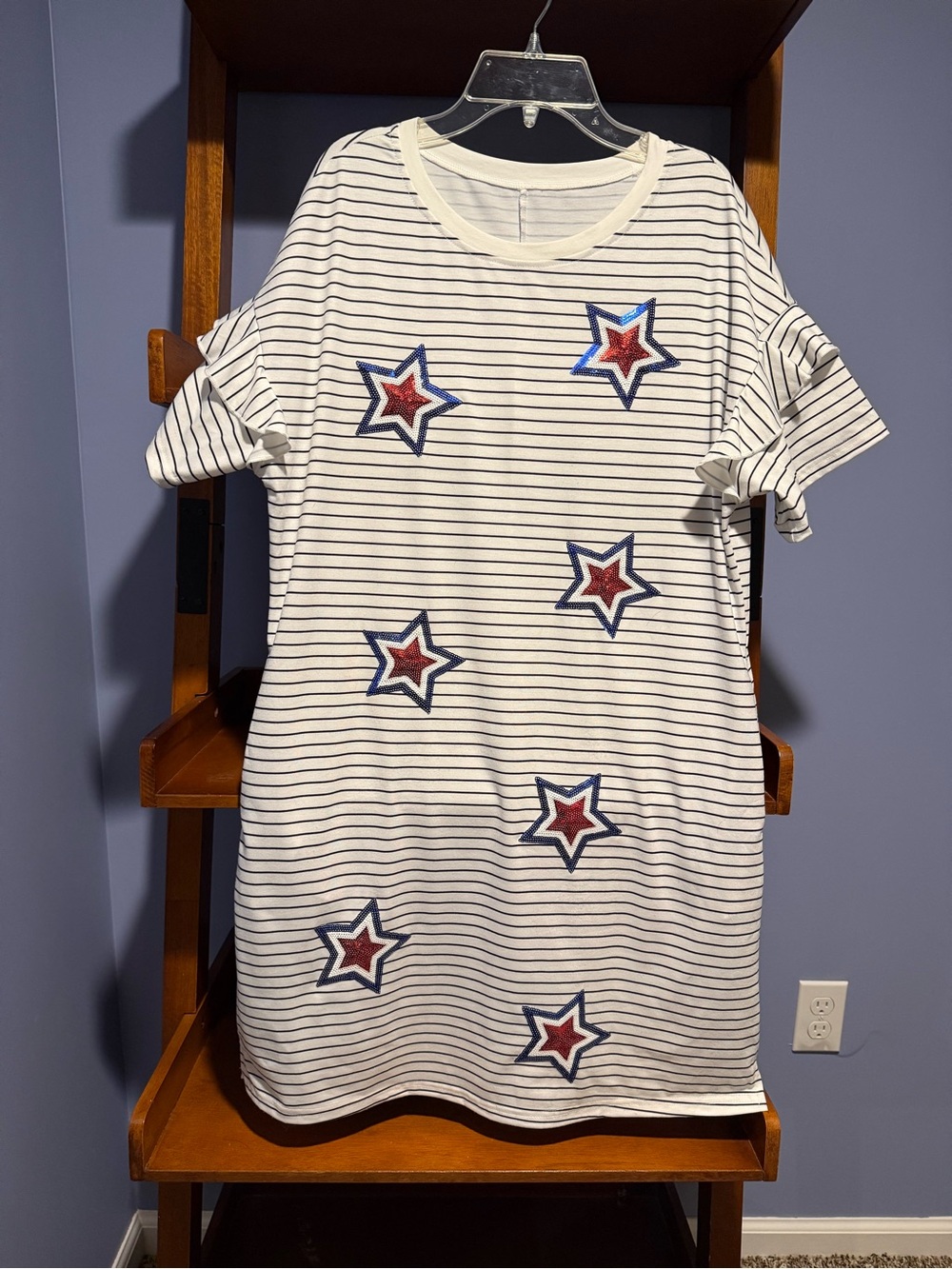 Women’s Striped Star Appliqué Dress - White with Navy & Red Stars